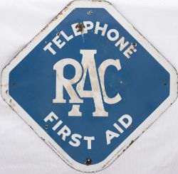 Motoring road enamel sign RAC TELEPHONE FIRST AID. In good condition with some chipping and slight
