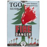 Advertising enamel sign TGO MEMBER TIMBER GROWERS ORGANISATION LTD FIRE DANGER. In good condition