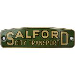 Bus radiator enamel plate SALFORD CITY TRANSPORT. In excellent condition measures 8in x 2.25in.