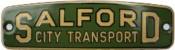Bus radiator enamel plate SALFORD CITY TRANSPORT. In excellent condition measures 8in x 2.25in.