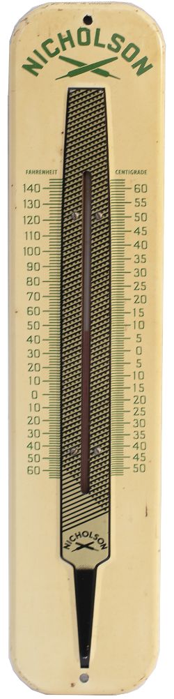 Advertising Thermometer NICHOLSON showing an image of a metal file. Screen printed metal in very