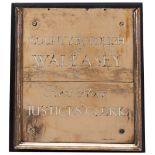 Brass office building doorplate COUNTY BOROUGH OF WALLASEY FIRST FLOOR JUSTICES CLERK. In very
