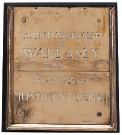 Brass office building doorplate COUNTY BOROUGH OF WALLASEY FIRST FLOOR JUSTICES CLERK. In very