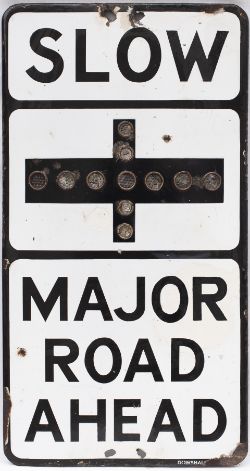 Motoring road sign SLOW MAJOR ROAD AHEAD. Enamel with makers name Gowshall and glass fruit gum