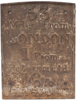 Milepost 53 MILES FROM LONDON 1 FROM PETERSFIELD 16 TO PORTSMOUTH. Rectangular cast iron in original