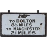 Enamel Canal sign TO BOLTON 8 1/2 MILES TO MANCHESTER 21 MILES with right pointing hand, possibly ex