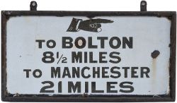 Enamel Canal sign TO BOLTON 8 1/2 MILES TO MANCHESTER 21 MILES with right pointing hand, possibly ex