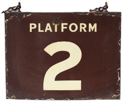 GWR enamel railway sign PLATFORM 2. Double sided with a single flange at the top both sides in