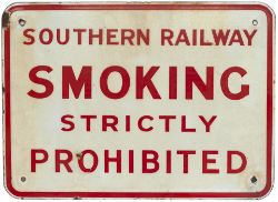 Southern Railway enamel railway sign SMOKING STRICTLY PROHIBITED. In excellent condition with a