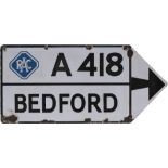 Motoring road sign RAC A418 BEDFORD. Double sided enamel in good condition with some enamel loss