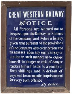 Great Western Railway enamel TRESPASS notice. Vertical pattern in original frame measures 33in x