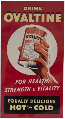 Advertising lithographed tinplate sign DRINK OVALTINE FOR HEALTH STRENGTH & VITALITY. In very good