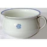 LNER Hotel Chamber Pot by Mintons. White with blue lined handle and rim, it has the intertwined