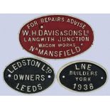 Wagon Plates quantity 3 comprising: Ledston Owners Leeds; LNE Builders York 1938; For Repairs Advise