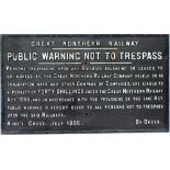 GNR fully titled cast iron Trespass Sign Kings Cross July 1896. Measures 28in x 16in.