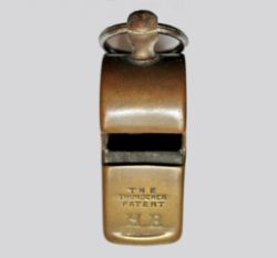 Highland Railway brass Thunderer Guards Whistle ornately stamped with company initials HR on the