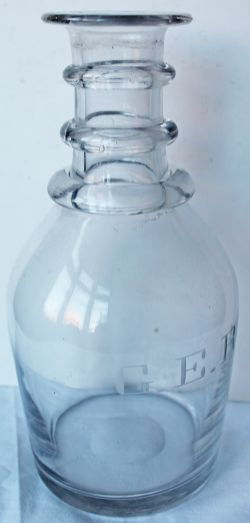 GER glass Carafe standing 9.25in tall. Triple ring neck, no stopper. First ring appears to have a