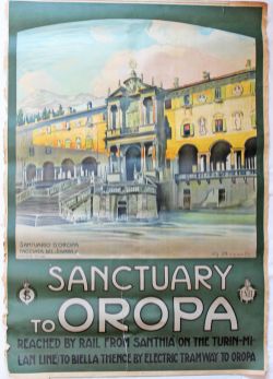 Italian Railways early Poster Sanctuary to Oropa Reached by Rail from Santhia (on the Turin -