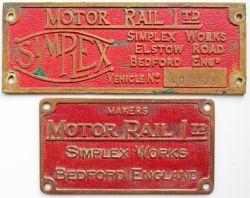 Simplex Motor Rail Ltd Bedford England Vehicle plates, a pair, one measuring 7.75in x 3in stamped