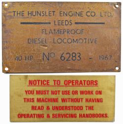 Hunslet Engine Co Ltd Leeds Worksplate Flameproof Diesel Locomotive 40 HP No 6283 built 1967. Ex