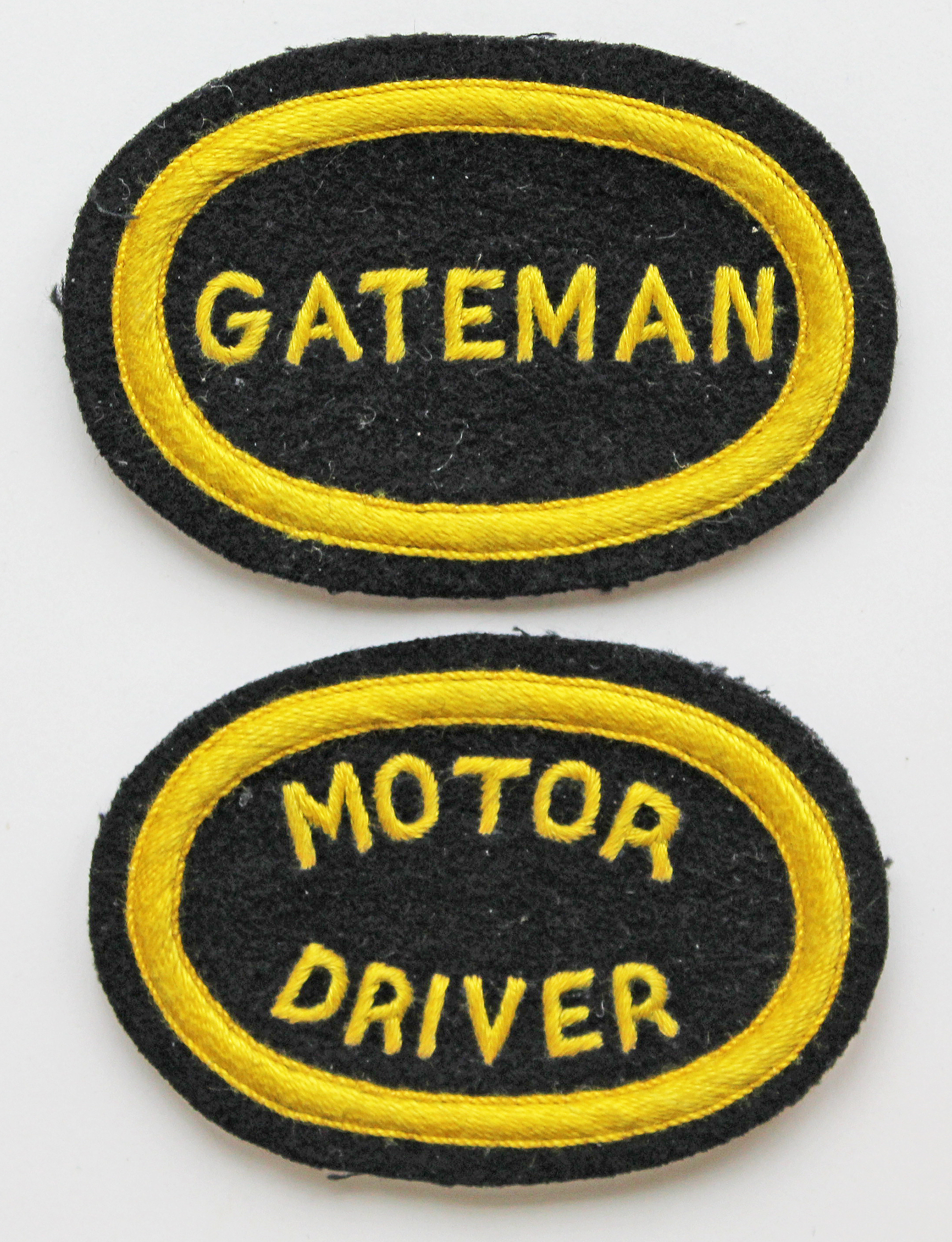 Southern Railway pre 1934 embroidered capbadges, quantity 2, GATEMAN and MOTOR DRIVER. Both yellow