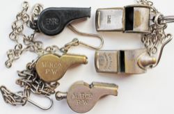 Railway Guards Whistles, quantity 5 comprising M.R. P.W. 2357 brass Thunderer with chain; LMS