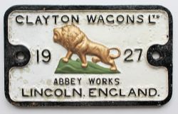 Wagon Plate Clayton Wagons Ltd 1927 Abbey Works Lincoln England. Measures 10.25in x 10.25in with