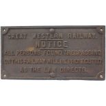 GWR fully titled small Cast Iron Trespass Sign. In original condition measuring 23.5in x 12in.