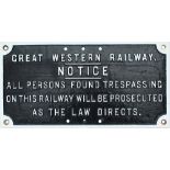 GWR cast iron small Trespass Sign, As The Law Directs. Nicely restored 23.5in x 12in.