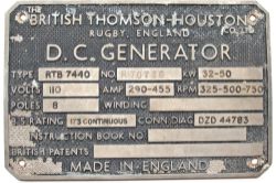 Class 24 Diesel DC Generator plate British Thomson – Houston Rugby. Ex 24 007 (D5007) built Derby