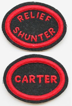 Southern Railway pre 1934 embroidered capbadges, quantity 2, RELIEF SHUNTER and CARTER. Both red