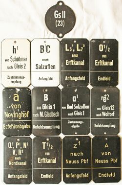 German Railways signalbox lever plates, quantity 12, most are enamel. Includes Salzuflen,