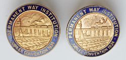 The Permanent Way Institution Jubilee Convention 1934 enamel badges, blue and white on brass, by