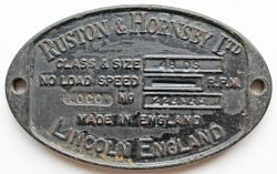 Worksplate Ruston Hornsby Ltd Lincoln England Loco 224345. Ex 0-4-0 DM 72214 named CAEN built 1945