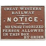 GWR fully titled cast iron signal box door notice NO UNAUTHORIZED PERSON ALLOWED IN THIS BOX BY