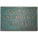 GWR Cast Iron sign. NO SMOKING ALLOWED By Order.