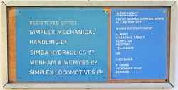 Simplex Mechanical Handling Ltd registered office sign and emergency sign mounted side by side in