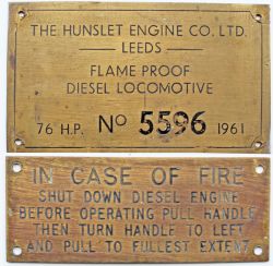 Hunslet Engine Co Ltd Leeds Worksplate Flameproof Diesel Locomotive 76 HP No 5596 built 1961. Ex