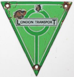 London Transport Country Bus RT radiator badge. Approximately 6in x 5.75in triangular enamel. Some