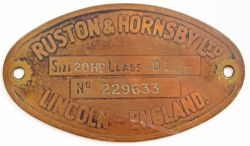 Worksplate Ruston & Hornsby Lincoln England Class DL453 No229633. Oval brass measures 5.75in x 3.
