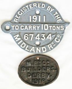Midland Railway wagon plates, a pair comprising: M.R. Co Builders Derby 1916, unrestored; Registered