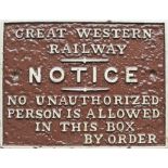 GWR fully titled cast iron signal box door notice NO UNAUTHORIZED PERSON IS ALLOWED IN THIS BOX BY