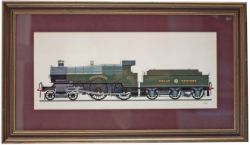 Original painting by Vic Welch of a side view of GWR County 4-4-0 3821 County Of Bedford. Gouache on
