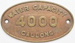 LMS brass tenderplate WATER CAPACITY 4000 GALLONS. Measures 10.5in x 6in and is in extremely good