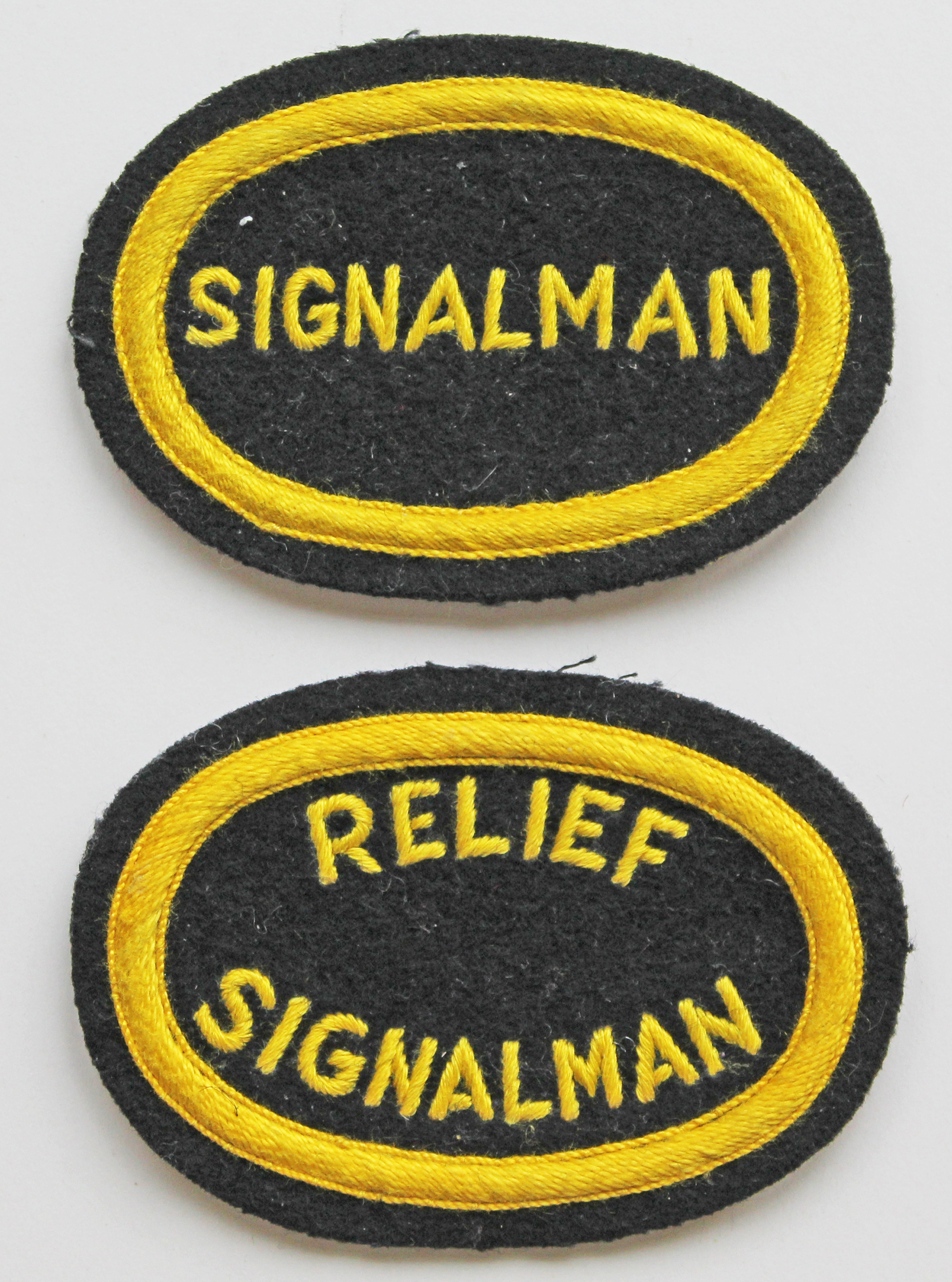Southern Railway pre 1934 embroidered capbadges, quantity 2, SIGNALMAN and RELIEF SIGNALMAN. Both