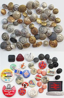 Badge & Button assortment containing approximately 60 mixed buttons, some pre-grouping and a variety