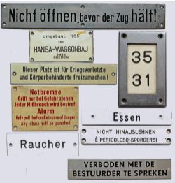 An assortment of mostly German railway related plates from carriages, a 1955 wagon plate, an Essen