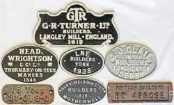 Wagon plates, quantity 7 comprising: LNE Builders York 1938; GTR Turner Builders Langley Mill