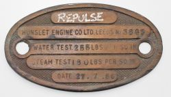 Works Boiler Plate Hunslet Engine Co Leeds No 3843 dated 27.7.56 and showing Water Test pressure and