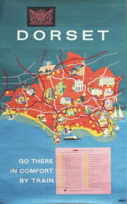 Poster BR(S) DORSET GO THERE IN COMFORT BY TRAIN by Reginald Lander issued in 1963. Double Royal